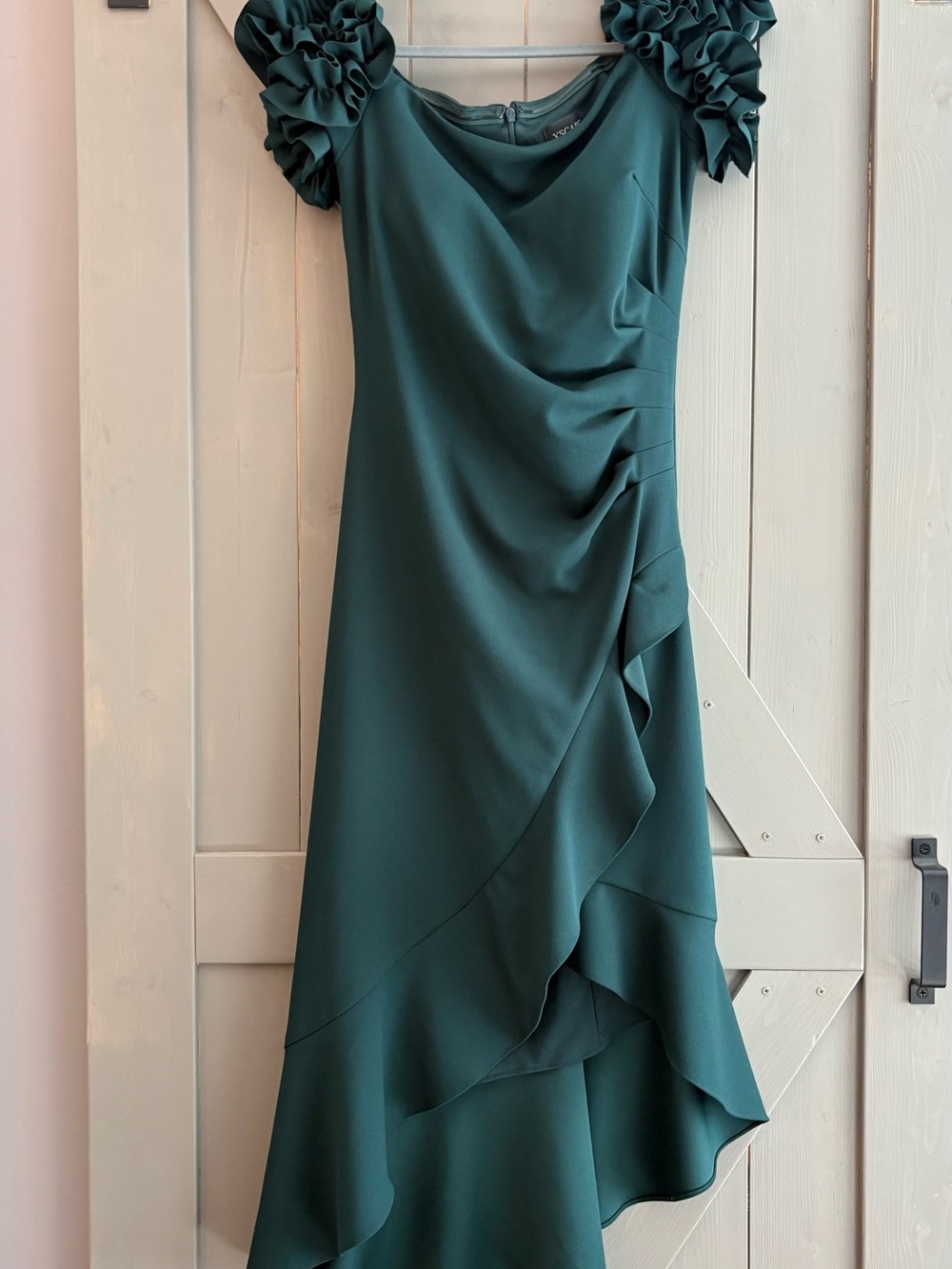 Xscape Teal Green Ruffle-Sleeve High-Low Dress